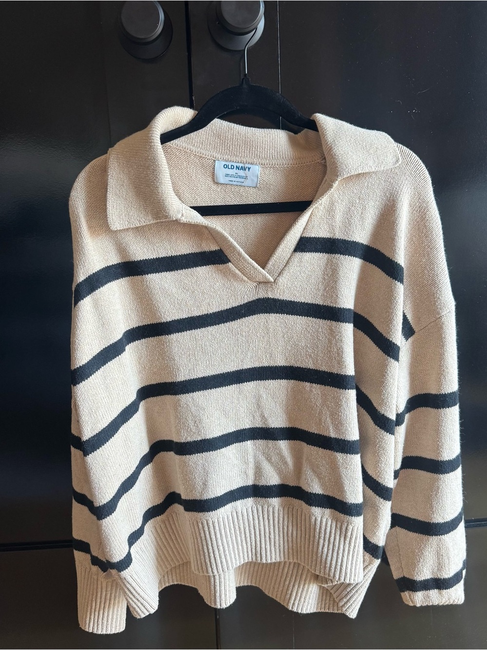 Old Navy Cream and Black Striped V-Neck Collared Sweater